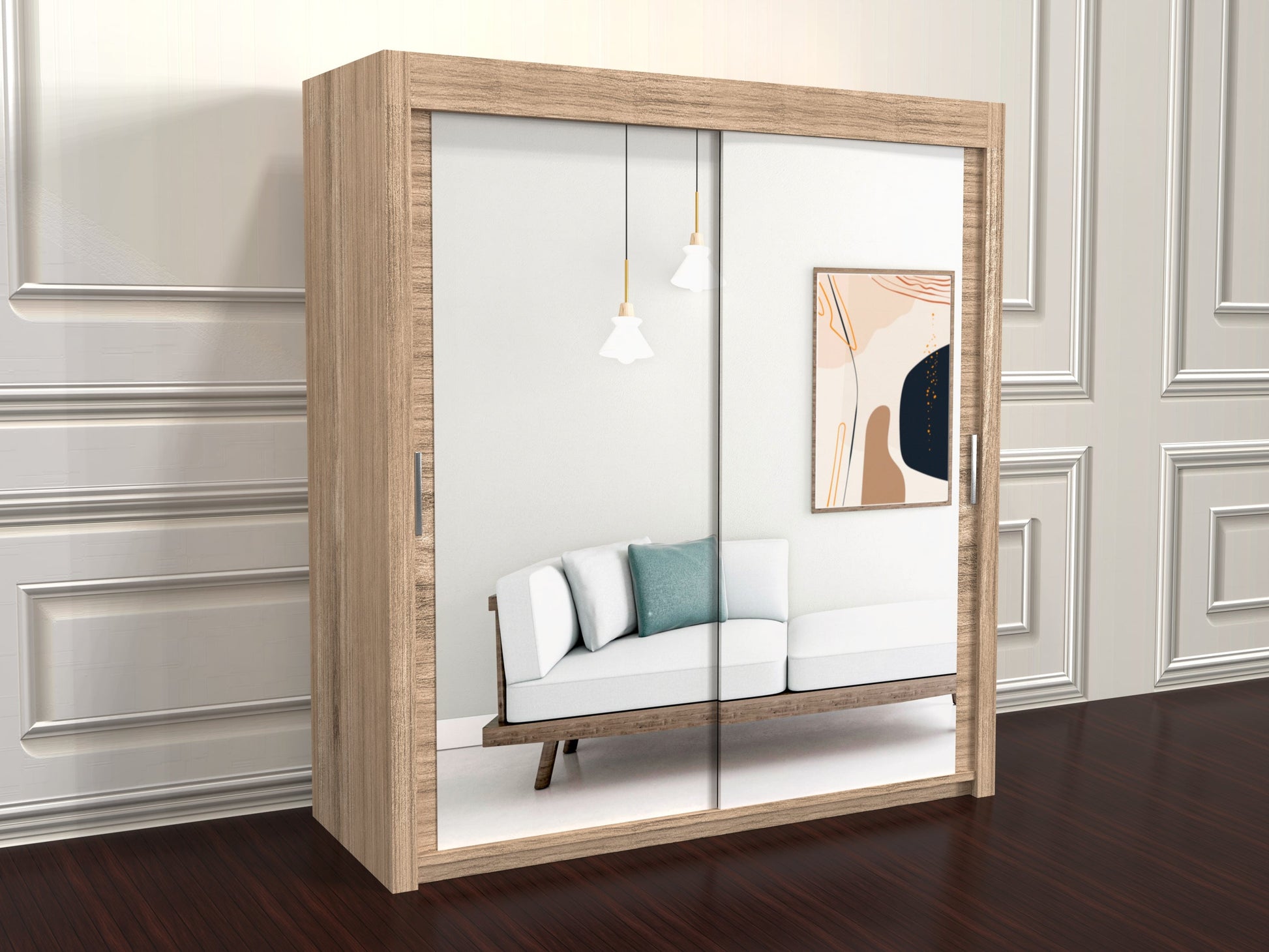 Chicago Oak sliding doors wardrobe with mirrors 205cm wide