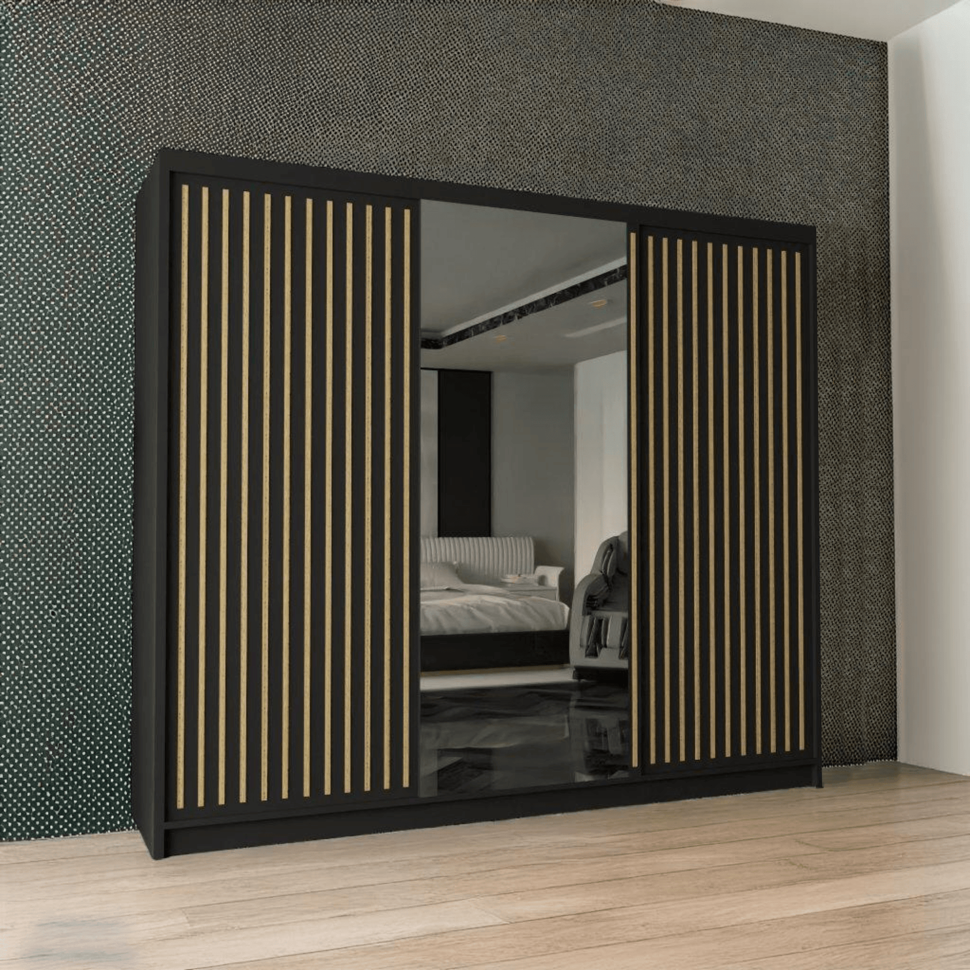 Modern Royal Black wardrobe with mirror doors 250cm wide