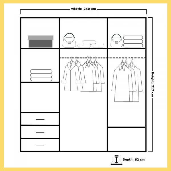 Royal Sliding Wardrobe inside , Width: 250 cm, Height: 217cm, Depth: 62cm
