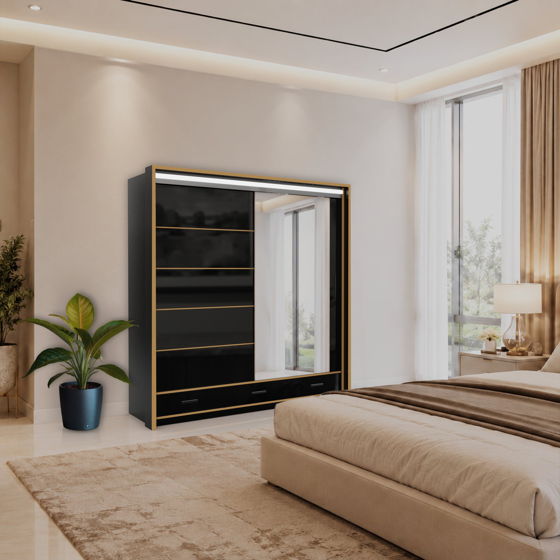 Sydney High Gloss Black wardrobe 205cm wide