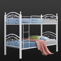 White metal bunk bed with blue bedding 