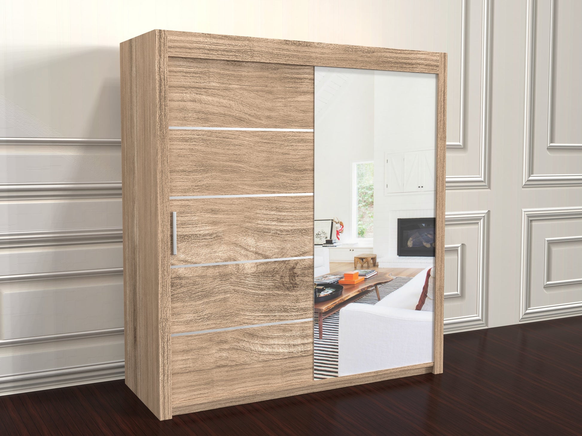 Vision Oak 203cm wide wardrobe with a mirror & Sliding doors 