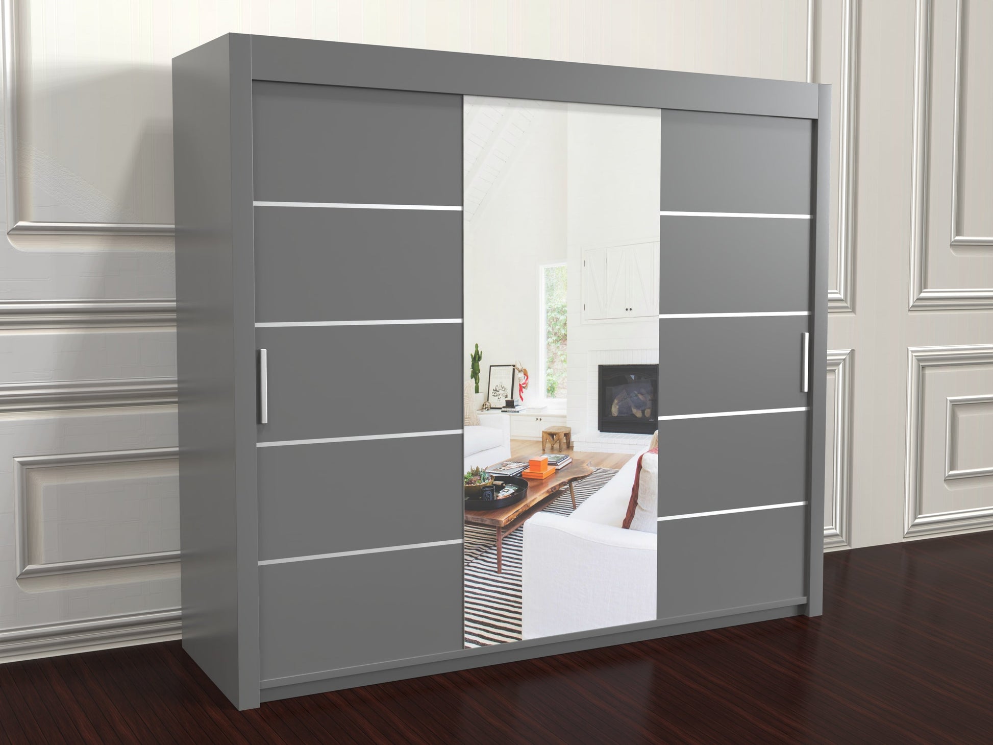 Gray sliding wardrobe with mirror doors 250cm