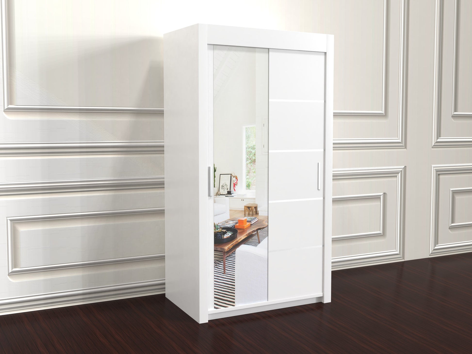 Vision wardrobe in white color with sliding mirror door 120cm wide